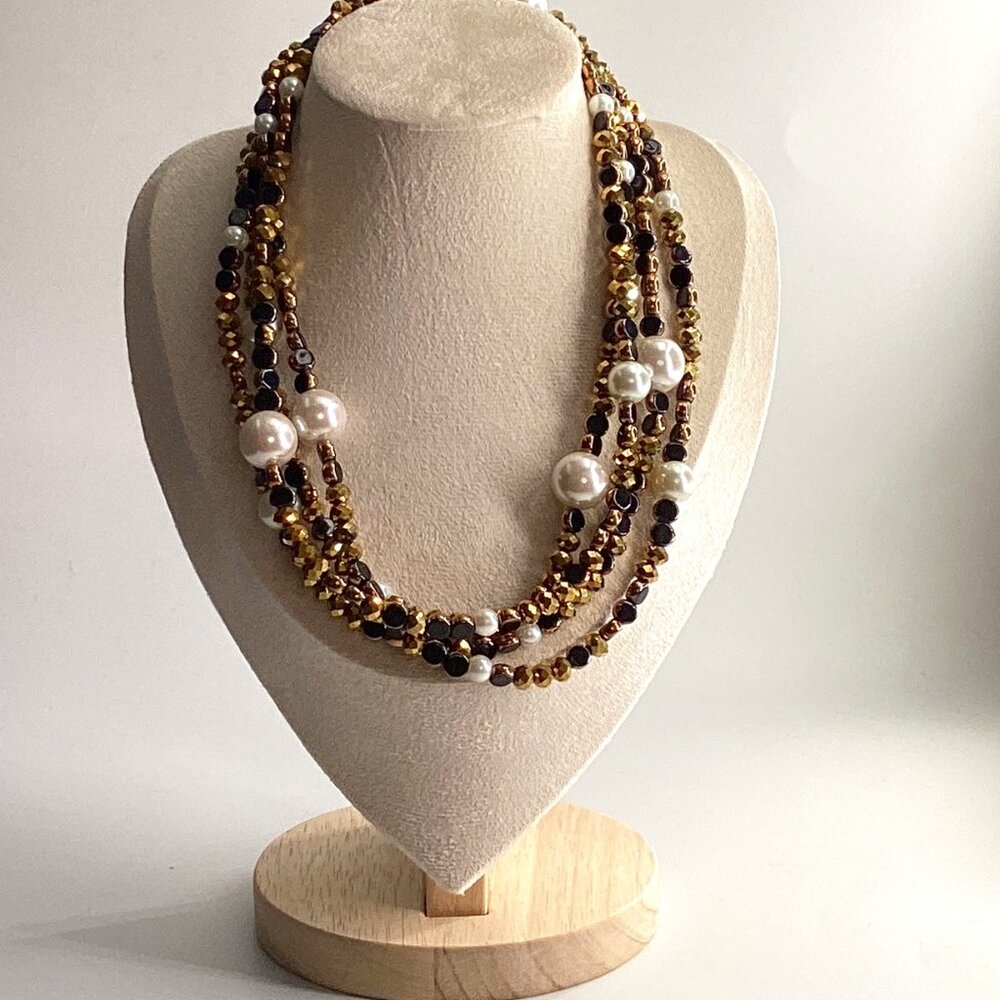 ✨ Handmade Long Layered Necklace – Black-Gold Hematites & White Pearls ✨